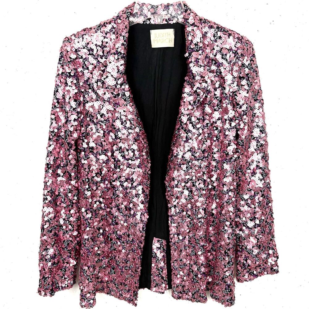 Judith March Sequin Blazer Jacket Relaxed Fit Open Front Lined Pink Size Medium